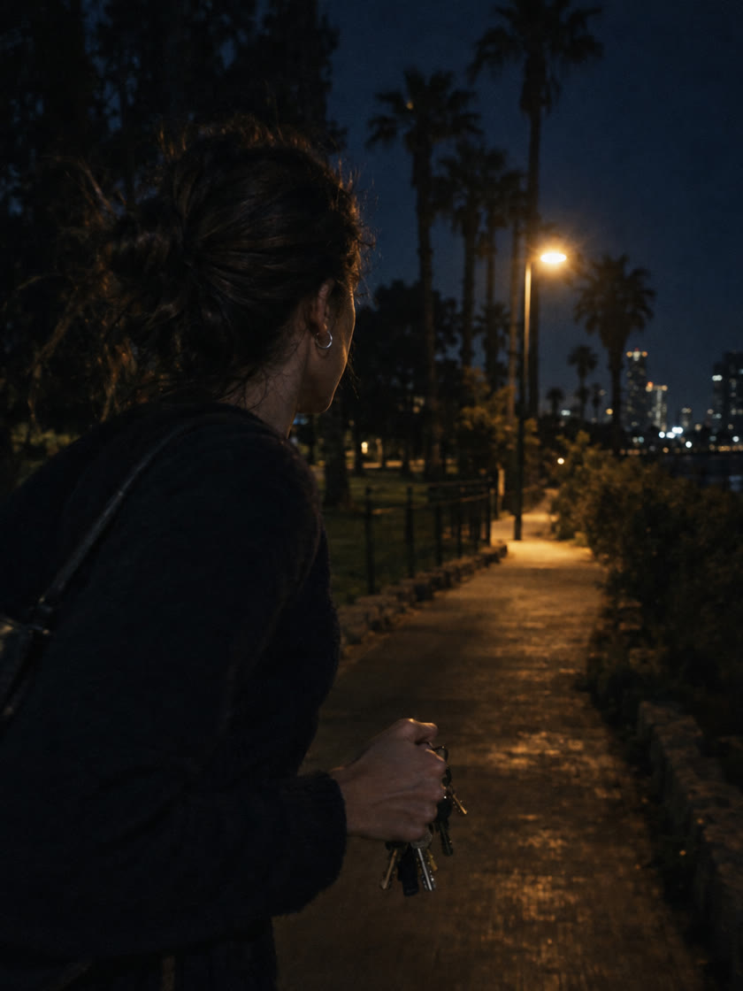 הדמיה: צעירה הולכת מהר בשביל חשוך ליד פארק ומחזיקה מפתחות